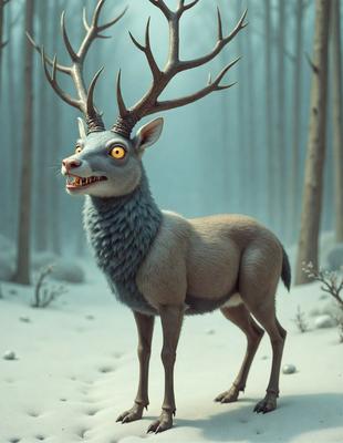 The primary subject of the image is a large, blue, and white deer with a set of antlers. The deer appears to be angry or agitated, with its mouth open and eyes wide. The setting is a snowy forest, with trees in the background. The visual style is a digital art or illustration, creating a realistic and detailed representation of the deer. The colors and mood of the image are predominantly cold and dark, with the snow and the deer's expression contributing to the overall